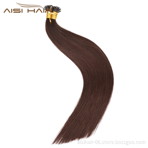 Aisi Hair 10A Unprocessed Color 2# Human Hair Double Drawn Pre Bonded Keratin I Tip Human Hair Extension For Women